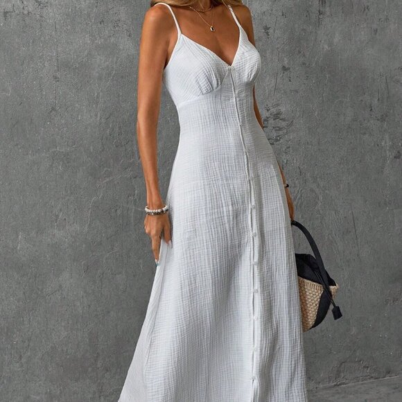 White Casual Women's Vacation Style Cotton Skin-Friendly Beach Dress - Picture 4 of 4
